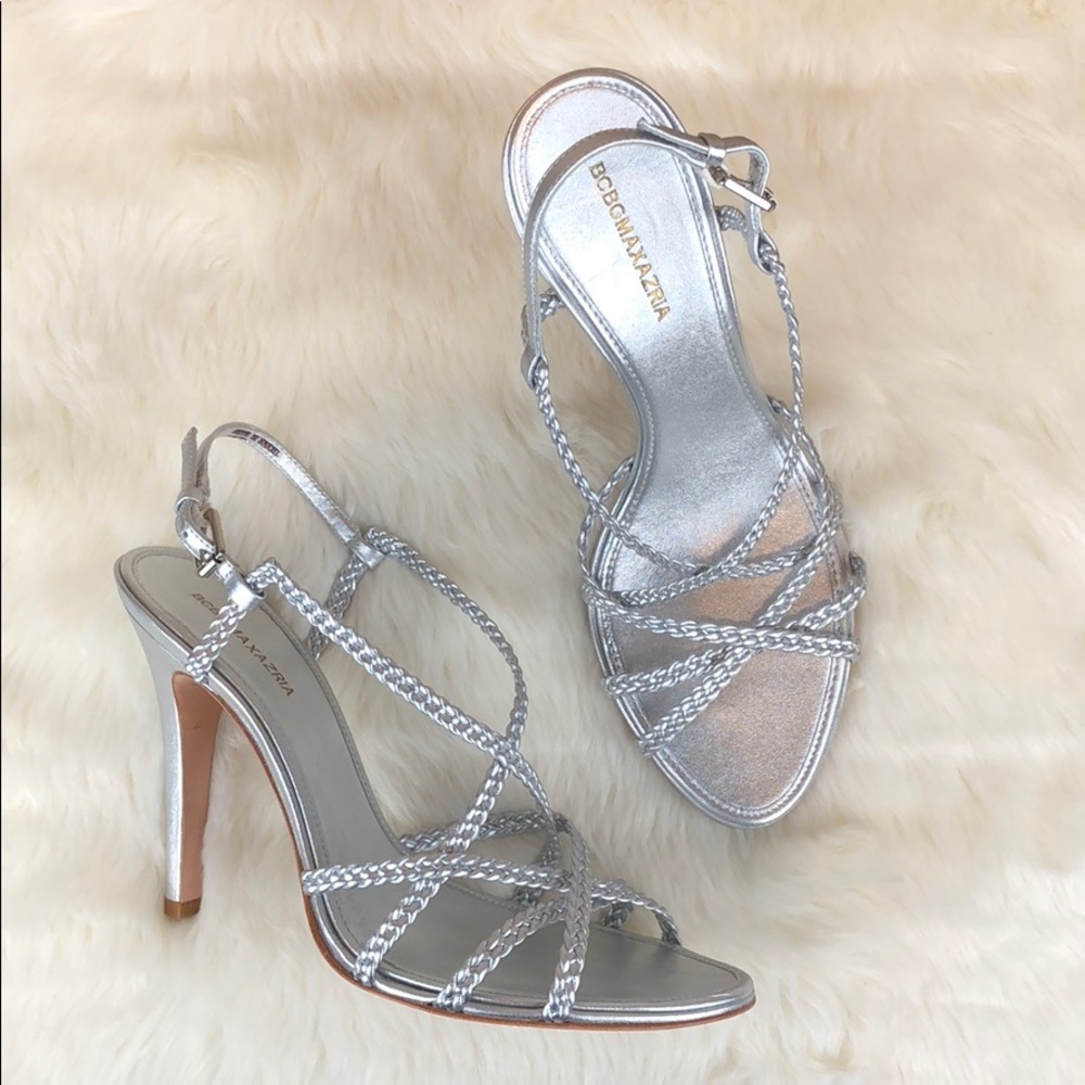 BCBG Silver Braided Strap Sandals